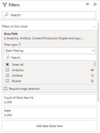 Snímek obrazovky s filtry Power BI a výběrem možnosti Cesty k oblasti 