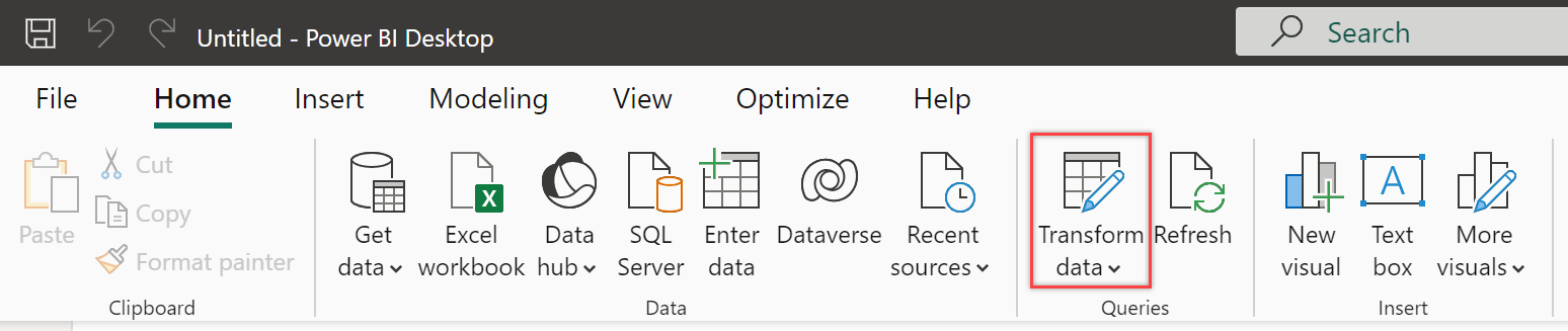 Snímek obrazovky Power BI Desktopu, karty Domů se zvýrazněným tlačítkem Transformovat data v části Dotazy