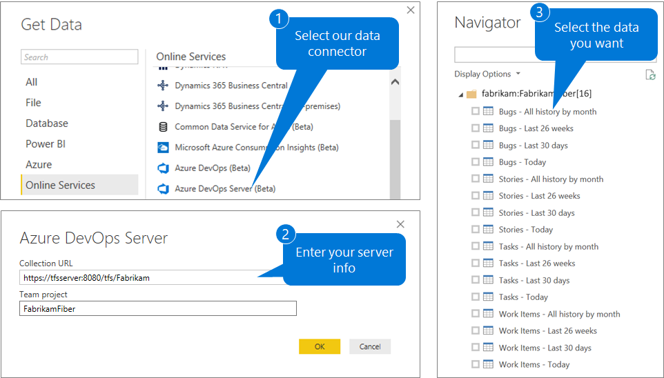 Snímek obrazovky azure DevOps Serveru Power BI Připojení or