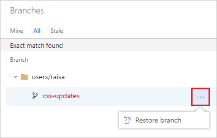 Obnovení odstraněné větve na webovém portálu Azure DevOps Services/TFS