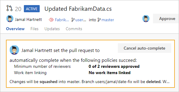 Snímek obrazovky pull requestu v režimu automatického dokončování.