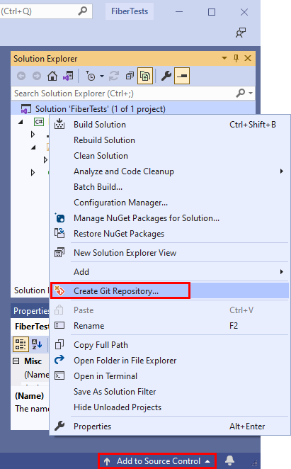 Snímek obrazovky s možností Vytvořit úložiště Git v místní nabídce Průzkumník řešení v sadě Visual Studio 2019