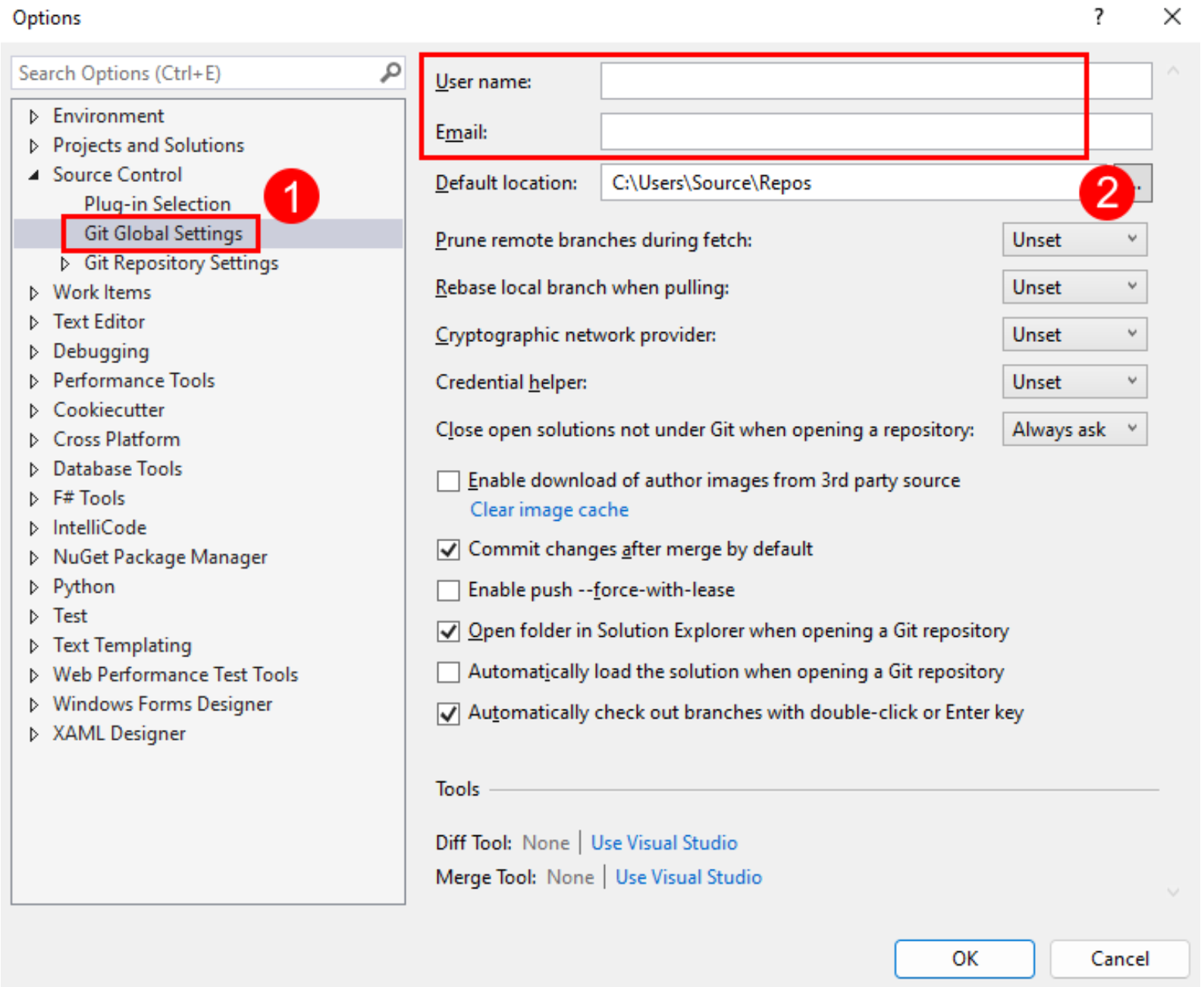 Snímek obrazovky s nastavením jména a e-mailu v globálním Nastavení Gitu v dialogovém okně Možnosti v sadě Visual Studio