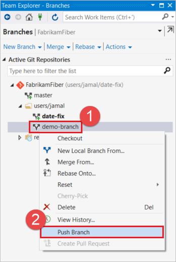 Snímek obrazovky s větev push v sadě Visual Studio