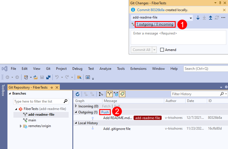 Snímek obrazovky s odkazem odchozí / příchozí v okně Git Changes a odkazem Push v okně Úložiště Git v sadě Visual Studio