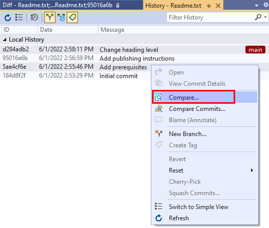 Snímek obrazovky s možností Porovnat potvrzení v místní nabídce potvrzení v zobrazení Historie potvrzení v sadě Visual Studio