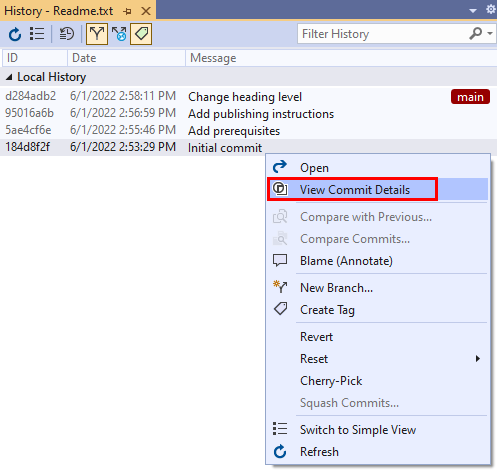Snímek obrazovky s možností Zobrazit podrobnosti potvrzení v místní nabídce potvrzení v zobrazení Historie potvrzení v sadě Visual Studio 2019