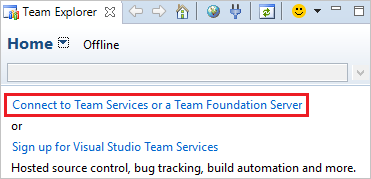 Vyberte Připojení k Team Foundation Serveru pro připojení vaší organizace TFS nebo Azure DevOps.