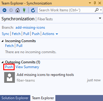 Snímek obrazovky s odkazem Push v zobrazení Synchronizace v Team Exploreru v sadě Visual Studio 2019