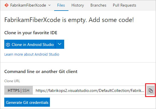 Zkopírujte adresu URL klonování nového úložiště Git.