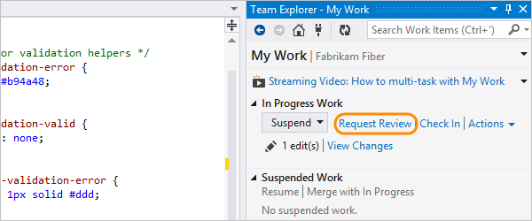 Snímek obrazovky s odkazem Pro kontrolu kódu žádosti ze stránky Moje práce v Team Exploreru