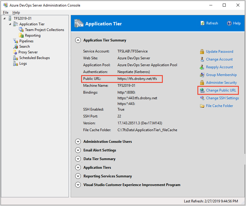 Snímek obrazovky s konzolou pro správu Azure DevOps Server, stránkou Aplikační vrstva, změna veřejné adresy URL, 2019