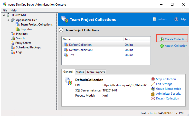 Snímek obrazovky konzoly pro správu Azure DevOps Server se zvýrazněnou možností Vytvořit kolekci