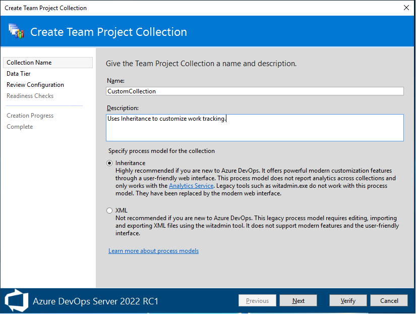 Dialogové okno Vytvořit kolekci Azure DevOps Server 2022 s vybranou možností Dědičnost.