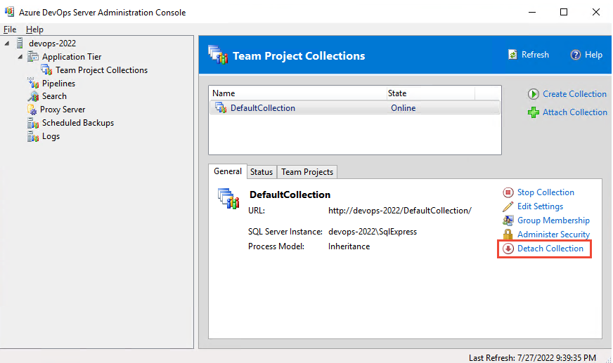 Snímek obrazovky s výběrem možnosti Odpojit kolekci Azure DevOps Server 2022