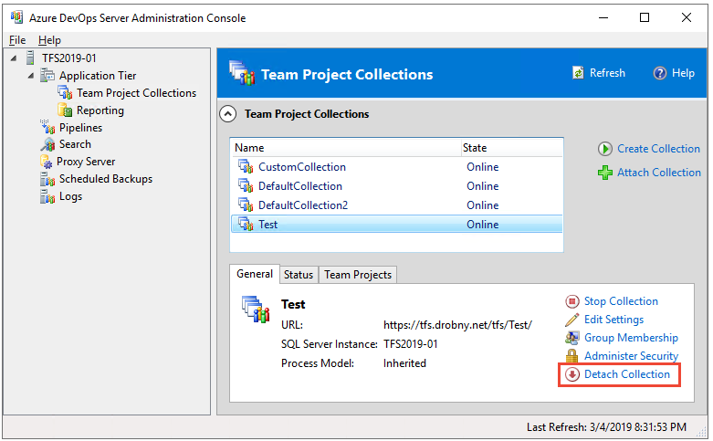 Snímek obrazovky s výběrem možnosti Odpojit kolekci Azure DevOps Server 2019–2020