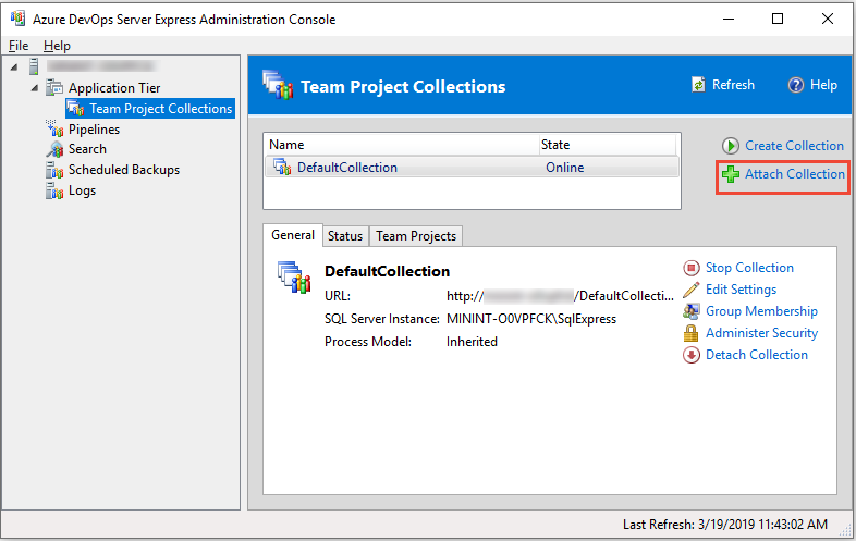 konzola pro správu Azure DevOps Server, kolekce týmových projektů