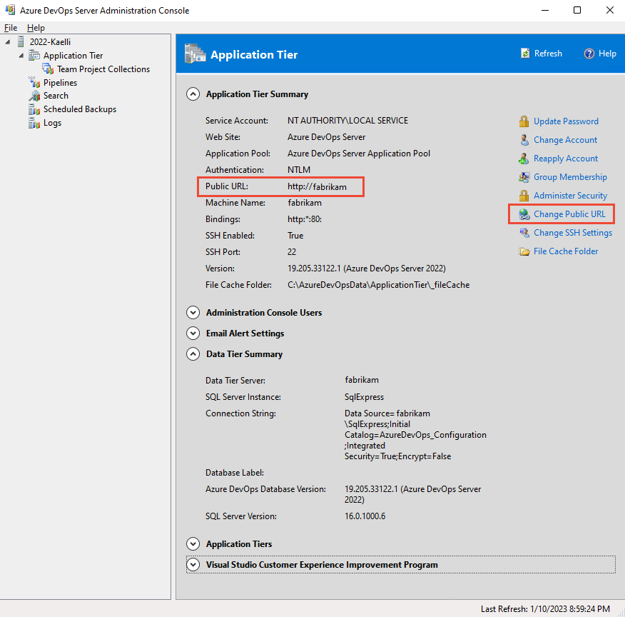 Snímek obrazovky s konzolou pro správu Azure DevOps Server, stránkou Aplikační vrstva, změnou veřejné adresy URL, 2022