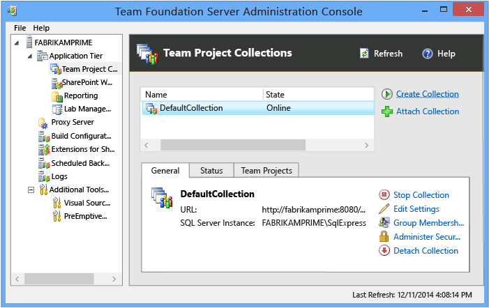 Snímek obrazovky konzoly Správa, uzlu Kolekce týmových projektů, TFS-2018