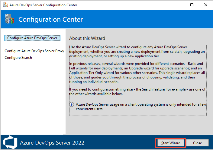 Snímek obrazovky Konfiguračního centra, Průvodce spuštěním, Průvodce spuštěním Azure DevOps Server 2022