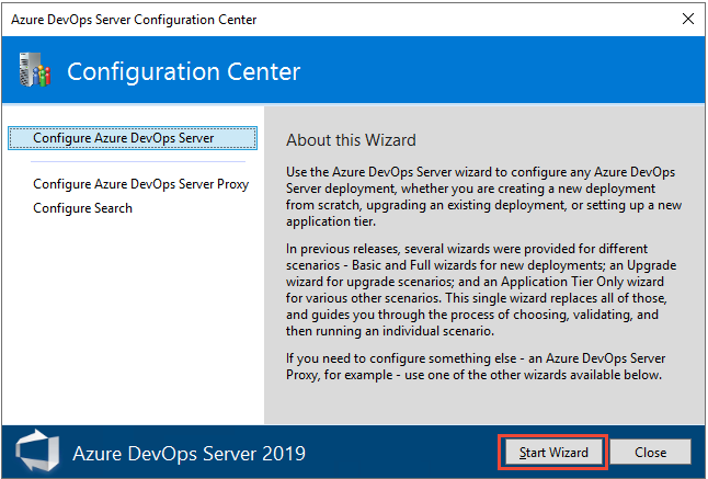 Snímek obrazovky s průvodcem Azure DevOps Server Configuration Center a stránkou Konfigurace Serveru Azure DevOps