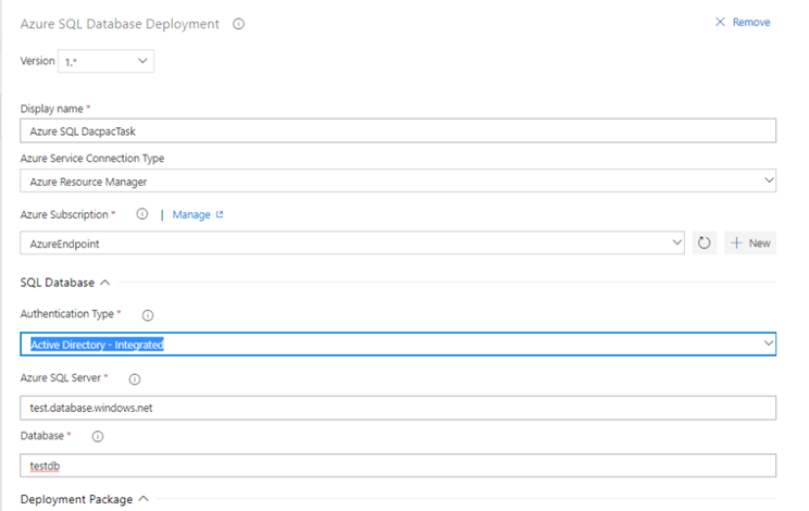 Snímek obrazovky s dialogovým oknem Nasazení služby Azure SQL Database se zvýrazněnou možností Rozevírací seznam Typ ověřování