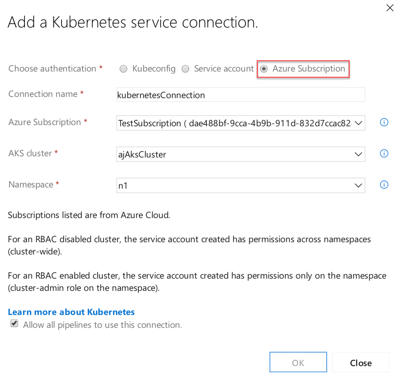 Snímek obrazovky s dialogovým oknem Přidat připojení služby Kubernetes se vyvolanou možností Předplatné Azure