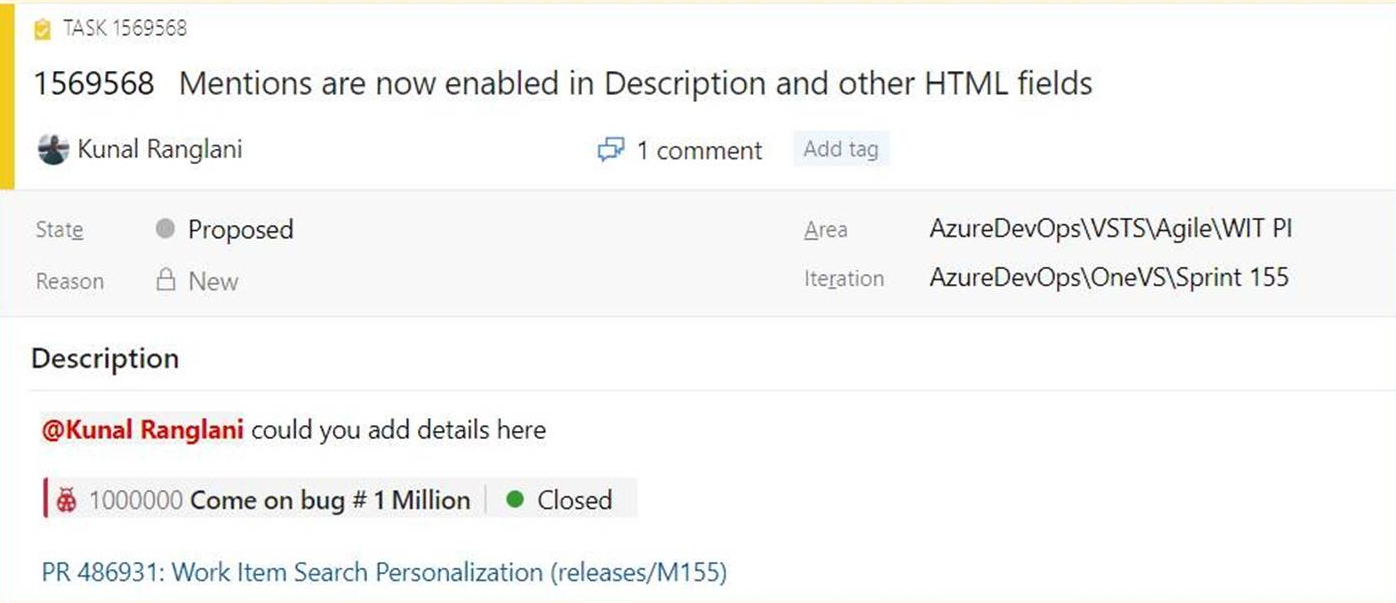 Snímek obrazovky znázorňující, že můžete zmínit lidi, pracovní položky a žádosti o přijetí změn v oblasti Popis pracovní položky