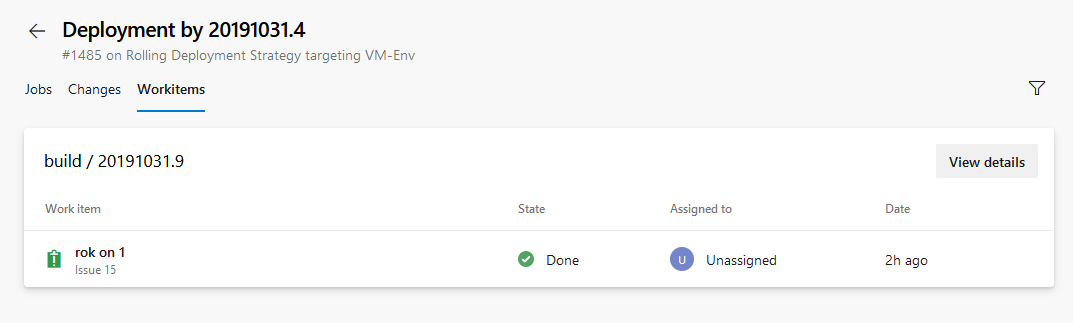 Snímek obrazovky s oddílem Nasazení podle zobrazující kartu Workitems