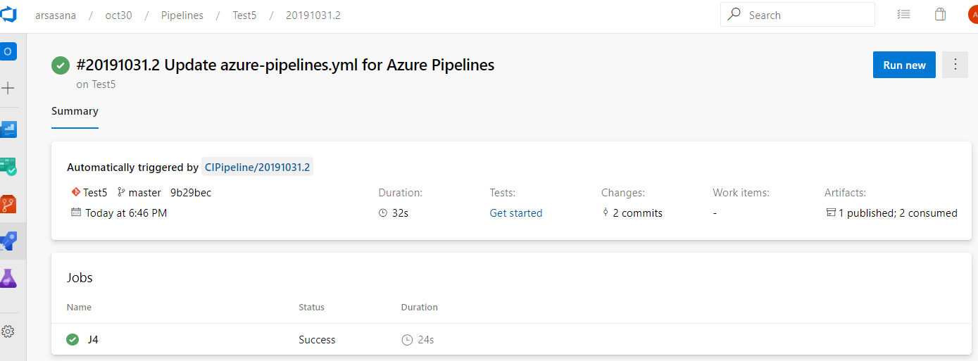 Snímek obrazovky znázorňující, že pipelina byla aktivována automaticky.