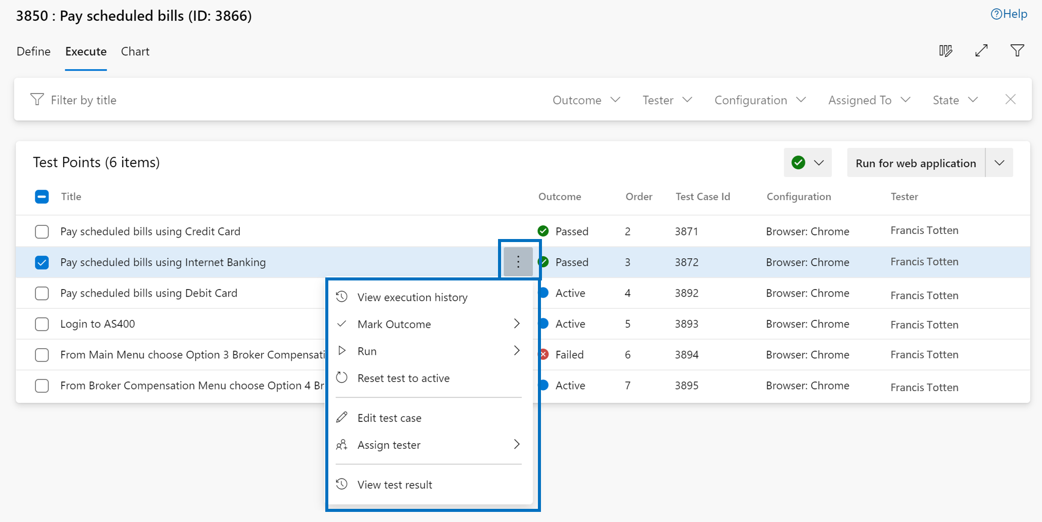 Stránka kontextové nabídky karty provést