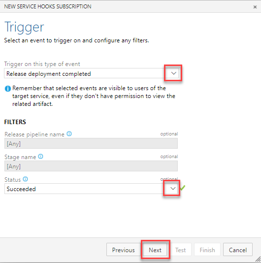 Snímek obrazovky s poli konfigurace pro aktivaci události v Azure DevOps