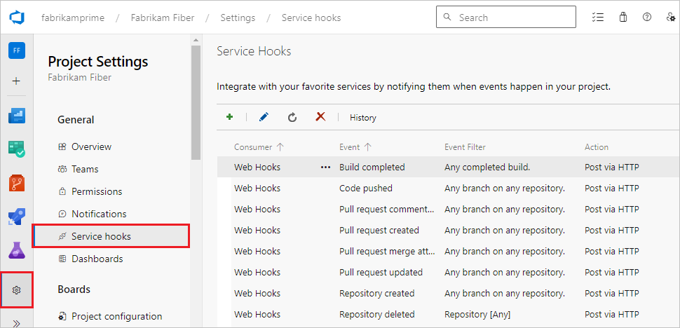 Snímek obrazovky se stránkou správy projektu, Azure DevOps Serverem 2019 a zapnutou verzí