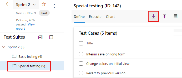 Snímek obrazovky s vybraným testovacím plánem a možností Exportovat testovací případy do souboru CSV