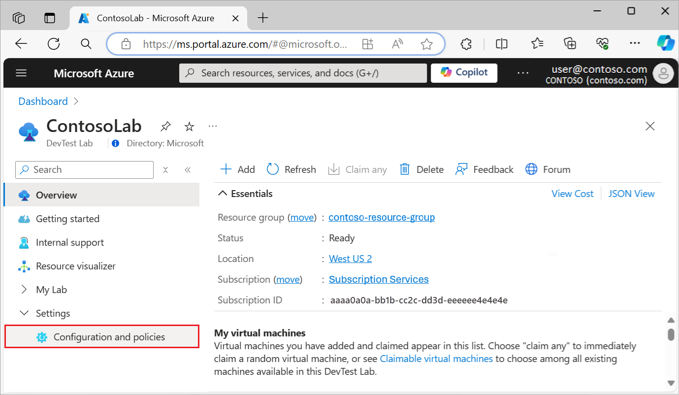 Snímek obrazovky, který ukazuje, jak vybrat možnost Konfigurace a zásady pro testovací prostředí na webu Azure Portal