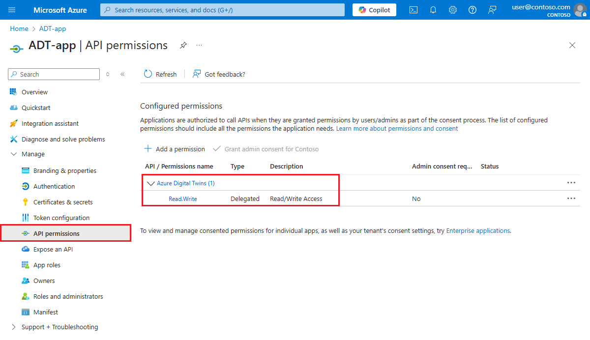 Snímek obrazovky s oprávněními rozhraní API pro registraci aplikace Microsoft Entra na webu Azure Portal zobrazující přístup pro čtení a zápis pro Azure Digital Twins
