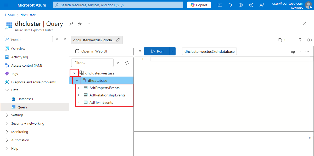 Screenshot of the Azure portal showing the query view for the database. The name of the data history table is highlighted.