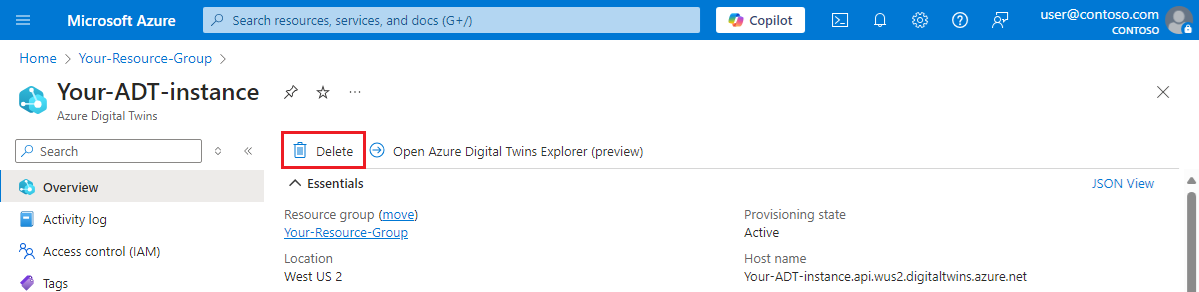 Screenshot of the Overview page for an Azure Digital Twins instance in the Azure portal. The Delete button is highlighted.