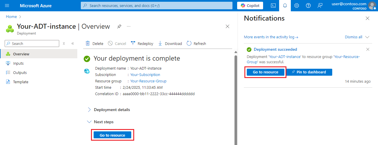 Screenshot of the deployment page for Azure Digital Twins in the Azure portal. The page indicates that deployment is complete.