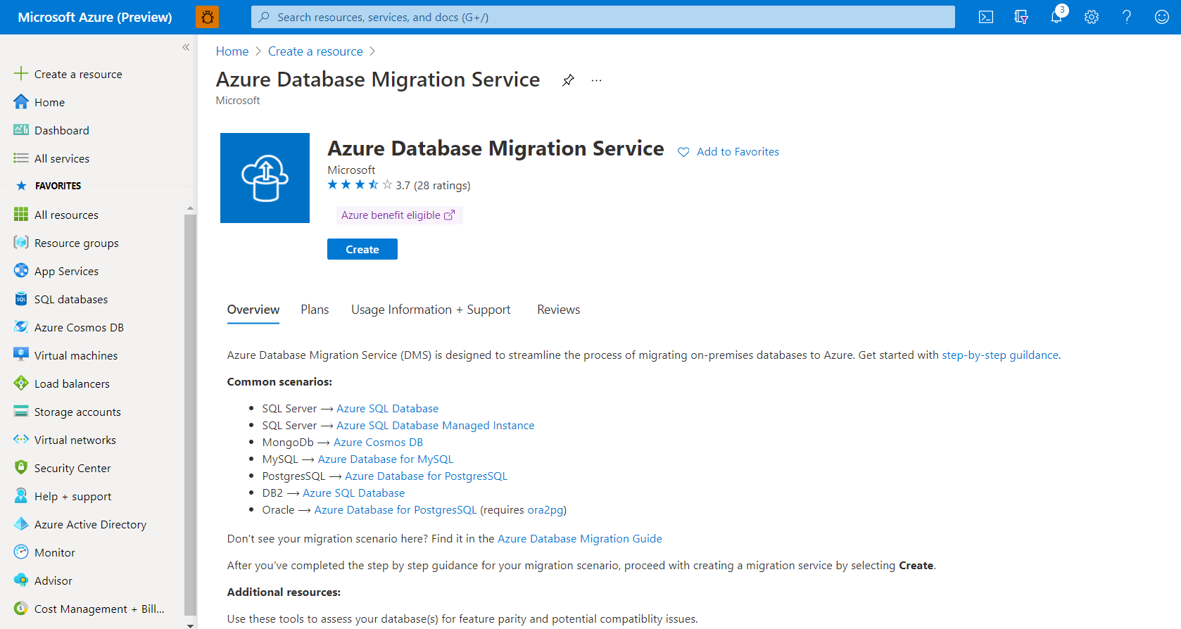 Snímek obrazovky s instancí služby Create Azure Database Migration Service