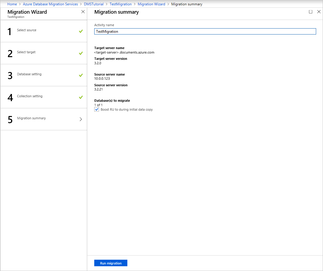 Screenshot that shows the nigration summary.