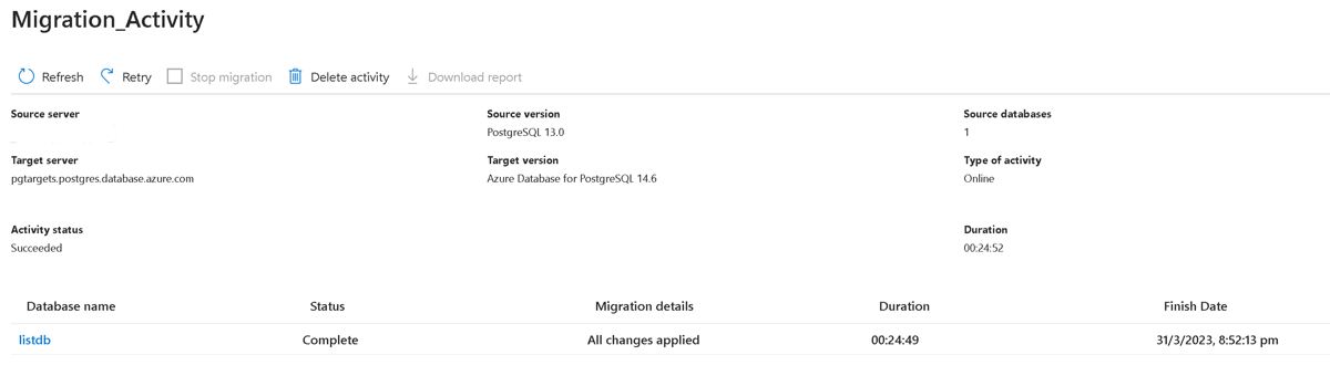 Snímek obrazovky monitorování migrace