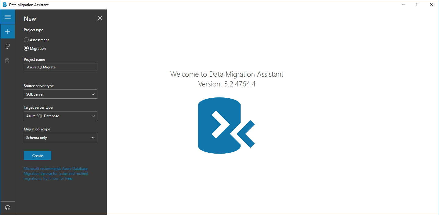 Vytvoření projektu nástroje Data Migration Assistant
