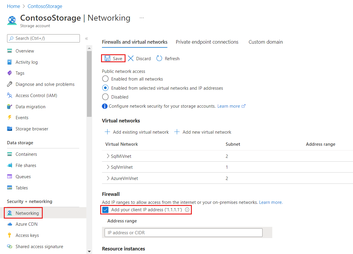 Screenshot that shows the storage account network details