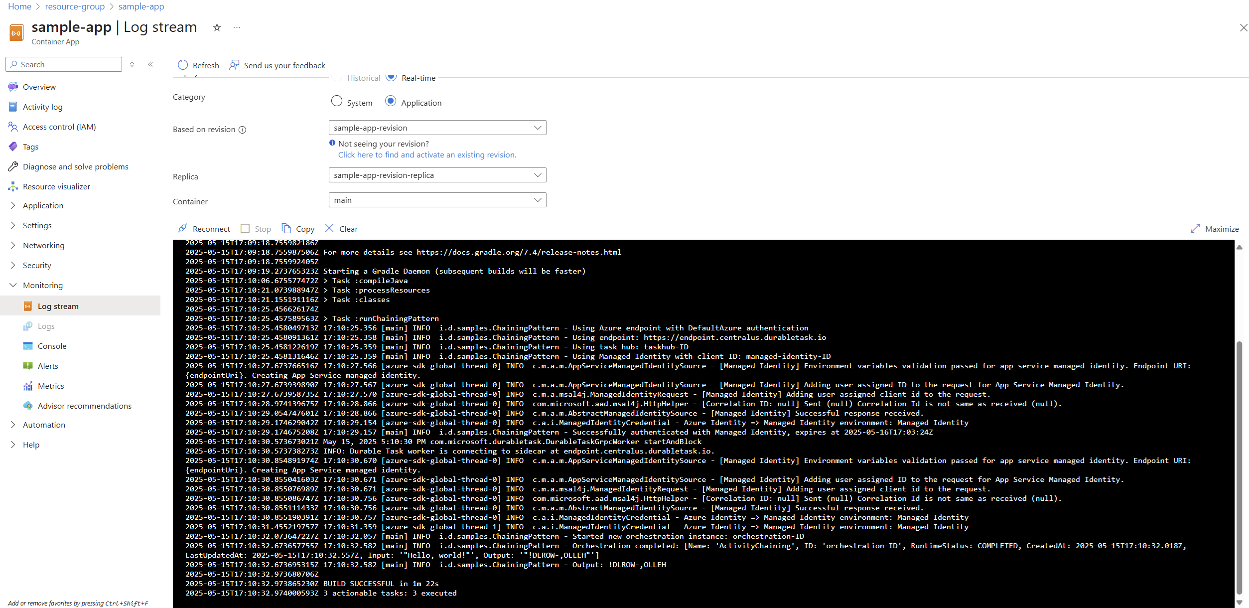 Snímek obrazovky streamu protokolu ukázkové aplikace v Javě na webu Azure Portal