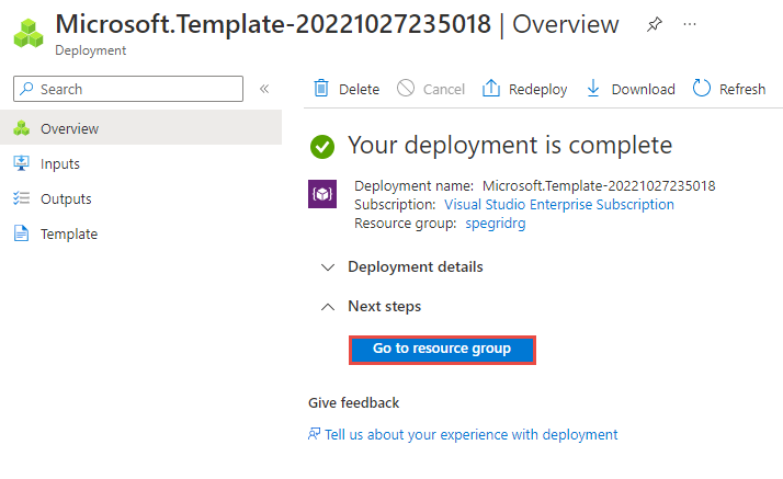Screenshot showing the deployment succeeded page with a link to go to the resource group.