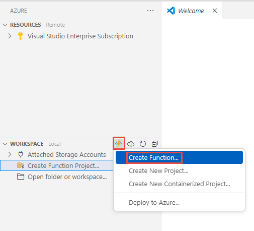 Snímek obrazovky znázorňující kartu Azure editoru Visual Studio Code s příkazem nabídky pro vytvoření funkce