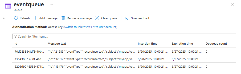 Screenshot showing the list of messages in the queue that are received from Event Grid.