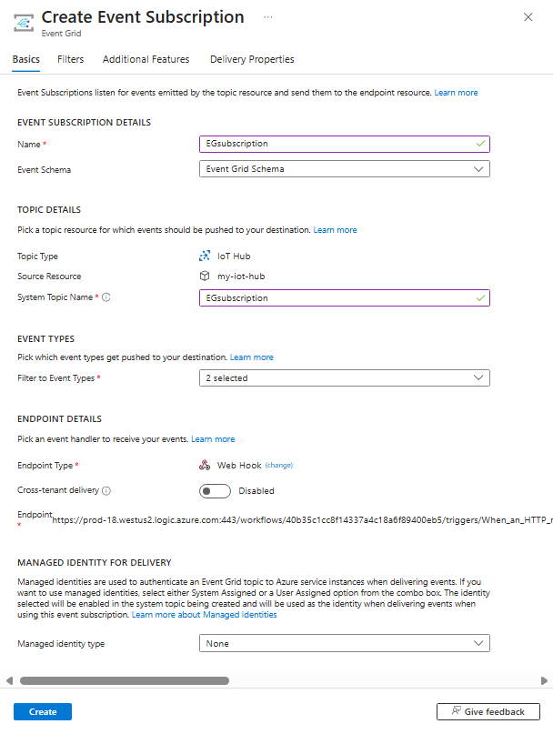 Snímek obrazovky se stránkou Vytvořit odběr událostí na webu Azure Portal