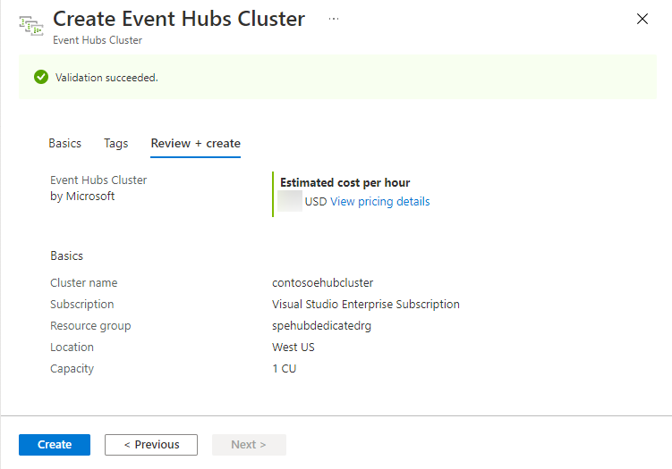Obrázek znázorňující stránku Vytvoření clusteru Event Hubs – Zkontrolovat a vytvořit